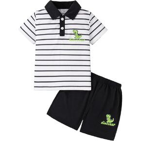 Toddler Boy Shorts Set Striped Button-Up Polo Shirts and Elastic Waist Shorts Summer Outfits