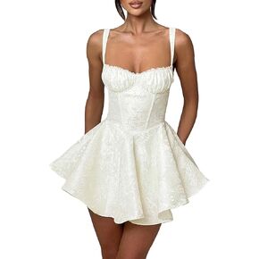 Lufeng Womens Sweetheatlist خط العنق الساتان A-Line Spaghetti الأشرطة Jacquard Mini Dress