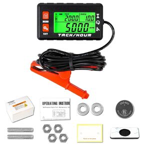 Digital Tachometer Hour Meter with Alligator Clip Design,No Wire Winding Required,Built-in Replaceable Battery,Ajustable Backlight,Waterproof Maintenance Reminder Gauge for Generator
