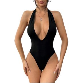 Makemechic Women's Halter Bodysuits abodysits deep v tops leotard