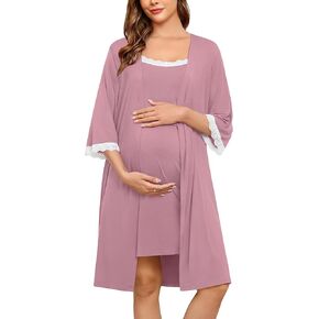 SWOMOG Lace Maternity Nursing Gown and Robe Set Double Layer Labor Delivery Nursing Hospital Nightgowns for Breastfeeding