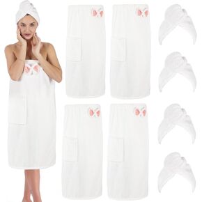 Spa Robe Bath wrap Towels for Women and Hair Drying Towel Waffle Spa Wraps with Pocket Adjustable Closure Lightweight Towel Wraps for Bath Shower (4, White)