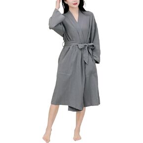 Women's Organic Cotton Bathrobe Long Sleeve Lightweight Waist-Tie Bath Robe for Home Spa Beach Wear