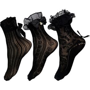 Winterlace Womens Frilly Ruffle Ankle Socks, 3 Pairs Lace Cute Bows Bobby Fashion Dress Sock