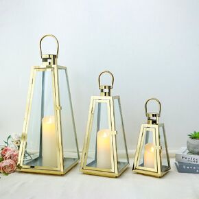 مجموعة من 3 من 3 شمعة من الفولاذ المقاوم للصدأ فانلان 21 '' & 16 '' و 11 '' حامل الشمعة المعدنية عالية مع لوحات زجاجية مقسمة لعيد الميلاد ديكور حفلات غرفة المعيشة الأحداث في الداخل (الفضة (الفضة