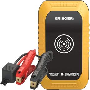 Krieger 12 Volt Car Jump Starter + Portable Wireless Charger + Power Bank Lithium Battery + QC3.0 USB Charger + LED Flashlight & Jump Start Engines up to 6L Gas 3L Diesel - ETL Approved