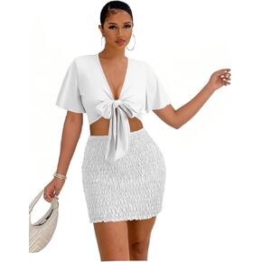 LYANER Women's 2 Piece Outfits Tie Knot Front Ruffle Short Sleeve Crop Top and Mini Skirt Set