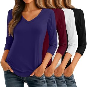 Ficerd 4 Pack Women's 3/4 Sleeve T Shirts ، V الرقبة غير الرسمية قمم تونك فضفاضة قمصان القطن الصلبة المحملات الصيفية