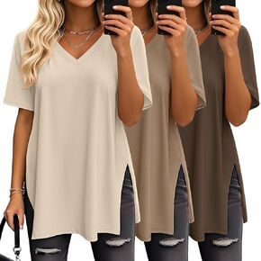 Huukeay 3 Pack Oversized Shirts for Women V Neck Workout T Shirt Casual Side Split Tee Short Sleeve Loose Tops Tunic Tops