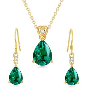 14k Gold Pear Emerald Necklace and Dangle Earrings Set for Women Created Gemstone May Birthstone Jewelry Sets for Her Mom Wife