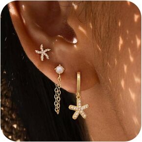 Gold Earrings Set For Women,Summer Starfish Shell Pearl Dangle Earrings Set For Women Trendy Cute Hoop Drop Earring Stack Fashion Beach Jewelry Gifts