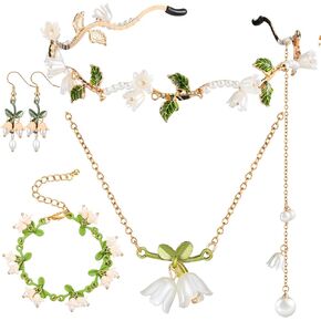 Tondiamo 4 PCS Lily of the Valley Fairy Jewelry Set Lily of the Valley Neckleace Bracelet Occet