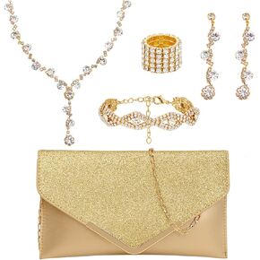 Gold Clutch Purses Prom Accessories Crystal Rhinestone Jewelry Set for Women Bride Wedding Evening Party