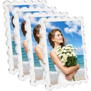 4 Pack Acrylic Fridge Magnetic Frame 4 * 6 Acrylic Magnetic Picture Frames Clear Double-Sided Photo Frames with Scalloped Edges for Fridge