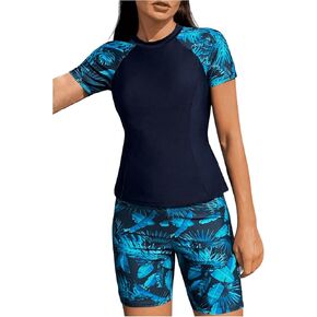 SOLY HUX Tankini Swimsuits for Women Tropical Print Short Sleeve Rash Guard Swim Shirt with Shorts Two Piece Bathing Suit