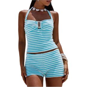 Makemechic Women's 2 قطعة Tankini مجموعة مخططة Ruched البطن التحكم عالية الخصر بدلة الاستحمام