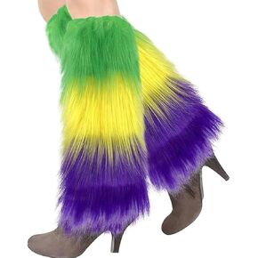 Abien Mardi Gras Womens Fluffy Leg Warmers Faux Fur Boot Sleeves Long Boot Covers Outfit for St. Patrick's Day Rave (Green/Yellow/Purple)