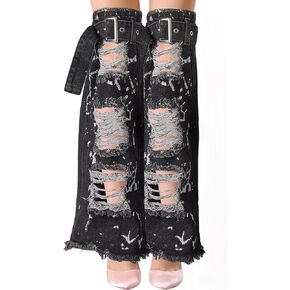 1 Pair Black Denim Loose Baggy Punk Harajuku Style Ripped Flared With Straps Belt Docks Leg Sleeves Warmer Over The Knee Boot Cover Warmers for Women s Streetwear Grunge Emo Rave