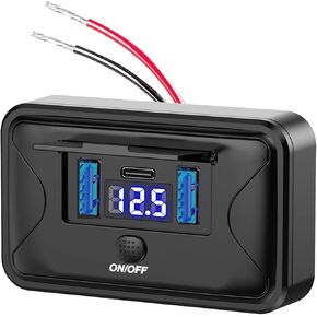 72W 3 -PORT 12V USB Outlet - لوحة شاحن شاحن خفيفة الوزن السطحية مع QC 3.0 18W و 36W USB C لل RV ، الحافلة ، البحرية ، دراجة نارية - مع مفتاح زر وموجز LED (2PD+1QC)