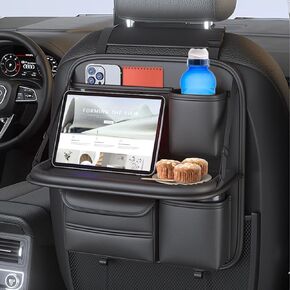 Car Back Seat Organizer Leather, Car Seat Back Protectors Kick Mats Travel with Foldable Food Tray and 7 Big Waterproof Storage Pockets, Inner Caraccessories for Most Vehicles, Black