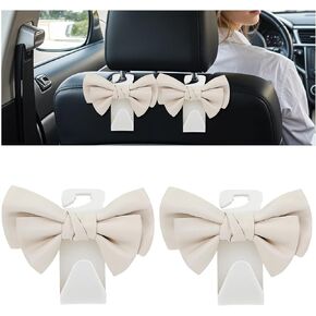 2 Pcs Car Seat Headrest Hooks Cute Bow Purse Hooks for Car, Vehicle Backseat Purse Hook Hanger Interior Decoration Accessories Space-Saving Headrest Hook for Purses, Bags, Umbrellas (White)
