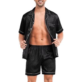 SWOMOG Men Silk Pajama Set Short Sleeve Satin PJs Sets 2 Piece Button Down Sleepwear Soft Summer Loungewear with Pockets