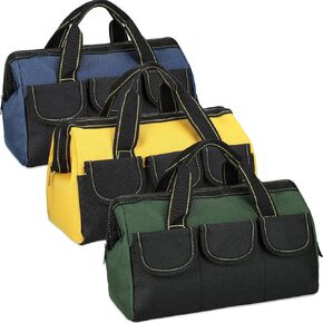 Sanwuta 3 Pack Tool Bag for Men with Waterproof Hard Bottom, Heavy Duty Tool Bag Wide Mouth Tote for Various Instrument, Electrician Carpenter Mechanic(13 Inch,Red, Army Green, Yellow)