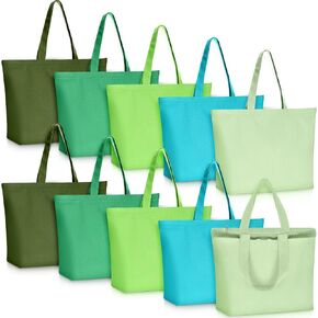 Epakh 10 Pack Tote Bag with Zipper - Reusable Large Blank Cotton Canvas Grocery Shopping Tote Bulk for Women Men DIY Crafting