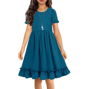 MITILLY Girls Summer Short Sleeve Dress Cute Ruffle Crew Neck A Line Flowy Beach Party Dress with Pockets 6-13 Years