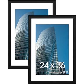 PEALSN 24x36 Poster Frame Set of 2, Display Pictures 20 x 30 with Mat or 24 x 36 Without Mat, Poster Frames 24 x 36 inches for Wall Mounting Display, Black.