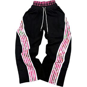 Men's Baggy Flared Sweatpants Y2k Striped Side Drawstring Waist Track Pants with Pockets Black Small