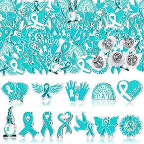 60 Pcs Teal Ribbon Pins Ovarian Cancer Awareness Products Bulk Cervical Cancer Lapel Pin Sexual Assault Items for Hat Backpack Party Favors Charity Public Social Event Supplies
