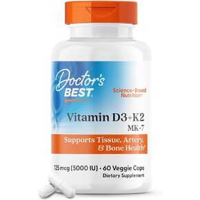 Doctor's Best Vitamin D3 + K2 (Vitamin K2 as MK-7), Supports Bone, Tissue, & Arterial Health, Calcium Absorption • Non-GMO • Gluten Free • Vegetarian, 5000 IU, 60 Veggie Caps