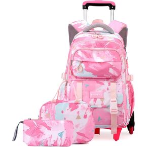 EKUIZAI Girls Trolley Backpack Set Cute Colorful Girls Rolling Backpack Middle School Trolley Schoolbag with Wheels