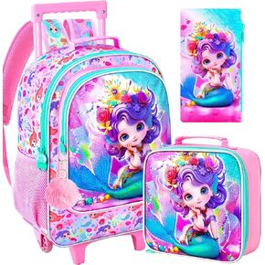 3PCS Rolling Backpack for Girls, Kids Unicorn Roller Bookbag with Wheels, Wheeled School Bag Set for Elementary - Purple