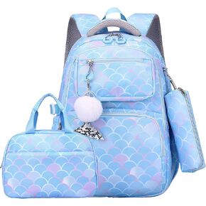 Large Kids Backpack Girls Bag for Elementary Middle School Mermaid Fish Scale Print Bookbags
