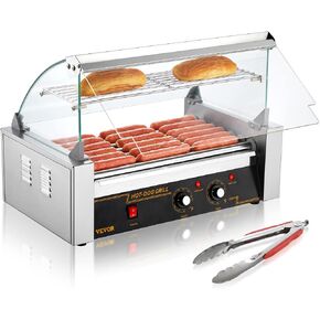VEVOR Hot Dog Roller 5 Rollers 12 Hot Dogs Capacity, 750W Stainless Sausage Grill Cooker Machine with Dual Temp Control Glass Hood Acrylic Cover Bun Warmer Shelf Removable Oil Drip Tray ETL Certified in Saudi Arabia