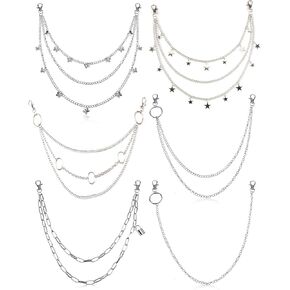 6 Pack Gothic Style Multilayer Chain Belts for Jeans Unisex Wallet Chains with Heart Butterfly Lock Decorative Waist Chains for Pants Pocket Accessories Men Women