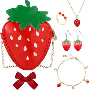 Yingzhao 6 Pieces Strawberry Jewelry Set Strawberry Purse Bag Earrings Red Necklace Bracelet Ring for Women