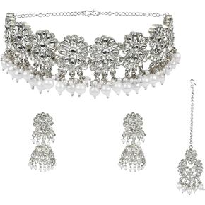 مجموعات المجوهرات الهندية Efulgenz للنساء الكريستال كوندان قش فو فو لؤلؤة قلادة Jhumka أقراط Maang Tikka سلسلة Bollywood الزفاف المجوهرات للنساء