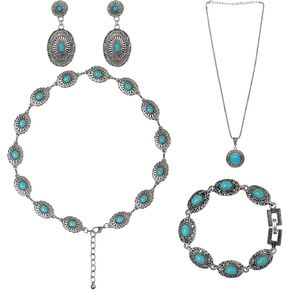Fumwase 4 Pieces Bohemian Turquoise Jewelry Set Chain Waist Belt Turquoise Necklace Vintage Turquoise Dangle Earrings and Bracelet Western Jewelry for Women Vintage Retro Boho Jewelry Set (Fresh Style)