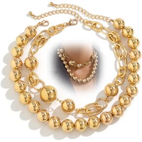 Chunky Gold Big Balls Chain Collar Necklace for Women Vintage White Pearl Layered Exaggerated Necklaces Vintage Thick Round Balls Beaded Large Jewelry