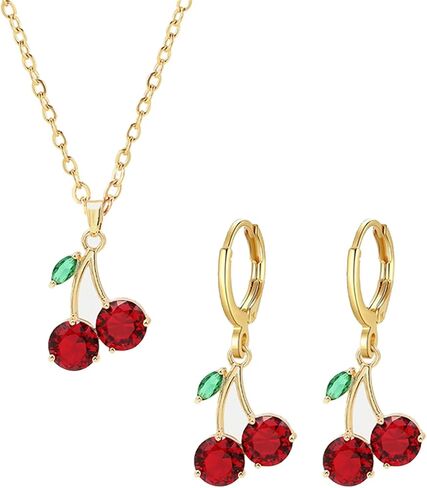 Dreuyet Red Crystal Cherry Earrings Necklace Set for Women Personalized Creative Cherry Fruit Huggies Hoop Earring Pendant Necklace Cute Summer Tropical Fruit Green Leaf Charm Jewelry in Saudi Arabia