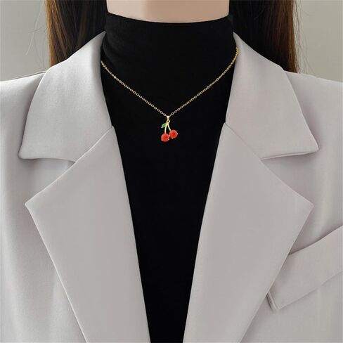 Dreuyet Red Crystal Cherry Earrings Necklace Set for Women Personalized Creative Cherry Fruit Huggies Hoop Earring Pendant Necklace Cute Summer Tropical Fruit Green Leaf Charm Jewelry in Saudi Arabia