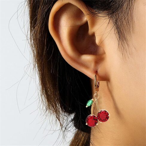 Dreuyet Red Crystal Cherry Earrings Necklace Set for Women Personalized Creative Cherry Fruit Huggies Hoop Earring Pendant Necklace Cute Summer Tropical Fruit Green Leaf Charm Jewelry in Saudi Arabia