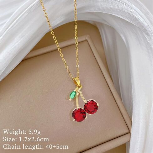Dreuyet Red Crystal Cherry Earrings Necklace Set for Women Personalized Creative Cherry Fruit Huggies Hoop Earring Pendant Necklace Cute Summer Tropical Fruit Green Leaf Charm Jewelry in Saudi Arabia