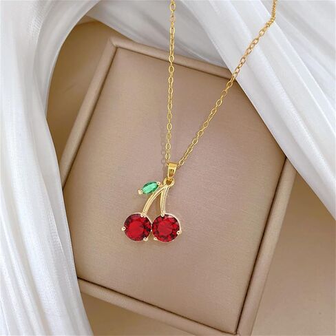 Dreuyet Red Crystal Cherry Earrings Necklace Set for Women Personalized Creative Cherry Fruit Huggies Hoop Earring Pendant Necklace Cute Summer Tropical Fruit Green Leaf Charm Jewelry in Saudi Arabia