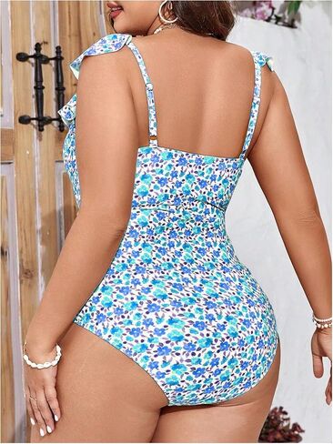 MakeMeChic Women's Plus Size One Piece Swimsuit Floral Tummy Control High Waist Ruffle Monokini in Saudi Arabia