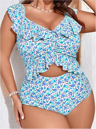 MakeMeChic Women's Plus Size One Piece Swimsuit Floral Tummy Control High Waist Ruffle Monokini in Saudi Arabia