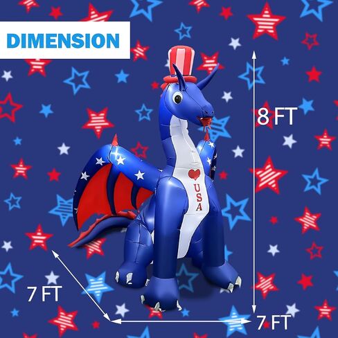 BLOWOUT FUN 6 FT Independence Day Inflatable Dragon with America Style Decorations Patriotic 4th of July for Home Yard Lawn Garden Indoor Outdoor Memorial Day Decorat in Saudi Arabia